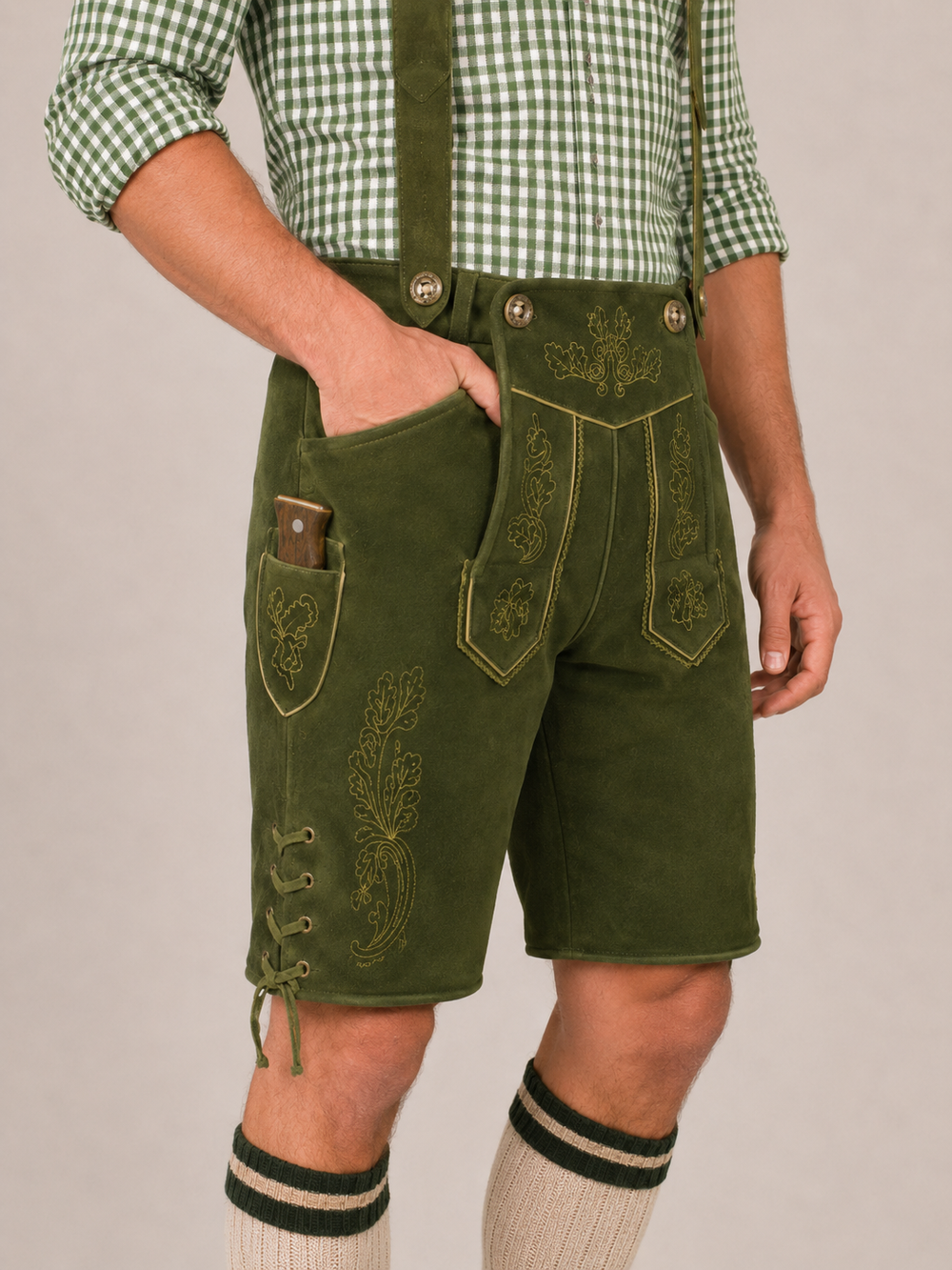 Oak Leaf Embroidered Men's Bavarian Lederhosen - Green - Side Lacing - image 2