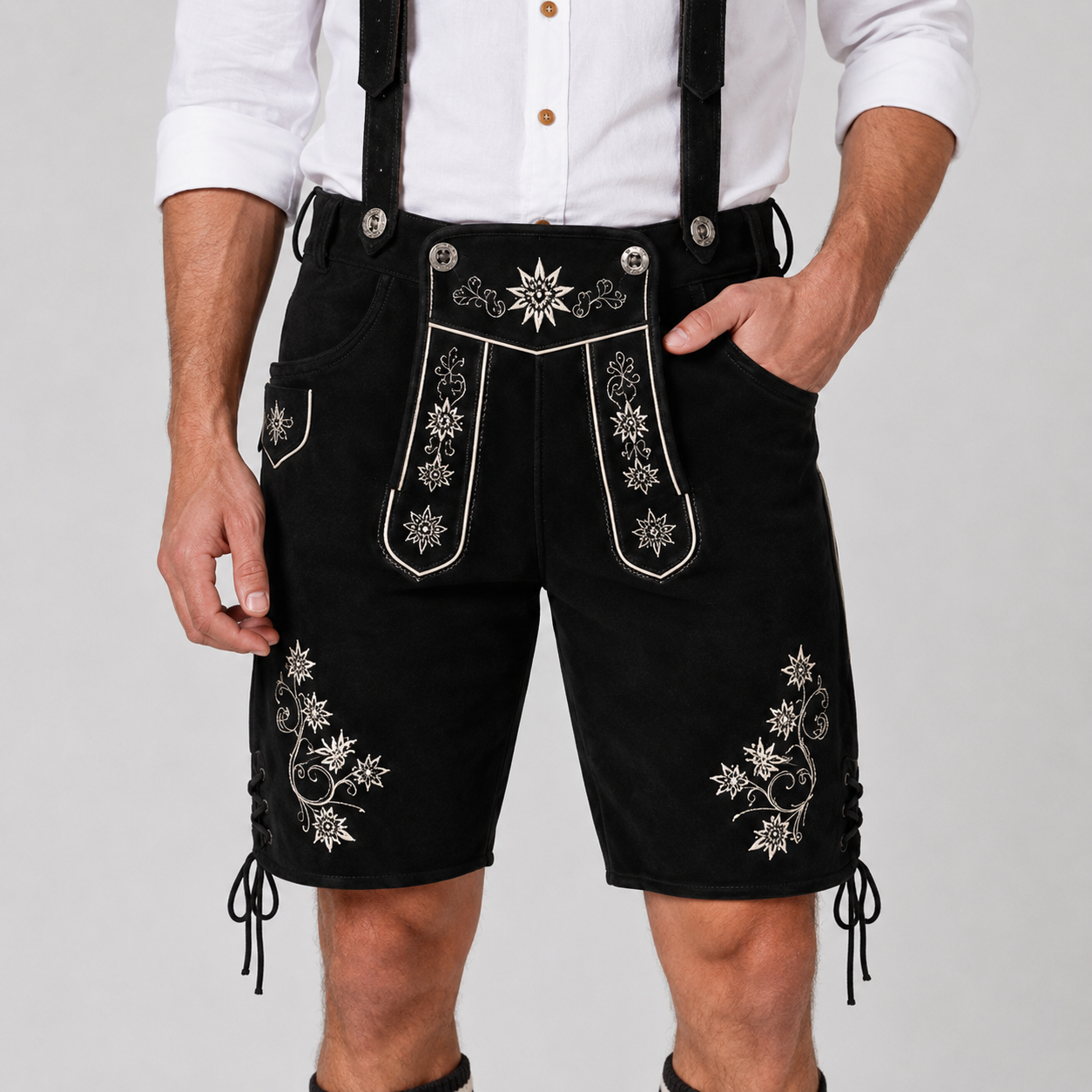 Edelweiss Embroidered Men's Bavarian Lederhosen - Black - Side Lacing - image 3