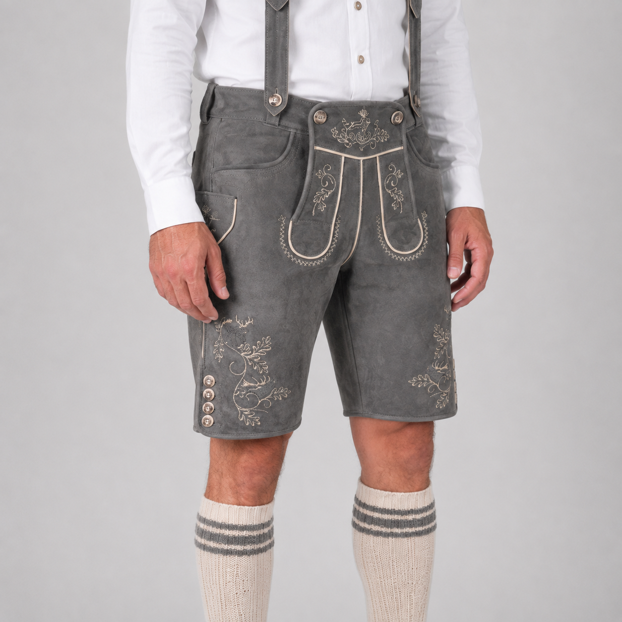 Edelweiss Embroidered Men's Bavarian Lederhosen - Grey - Side Buttons - image 3