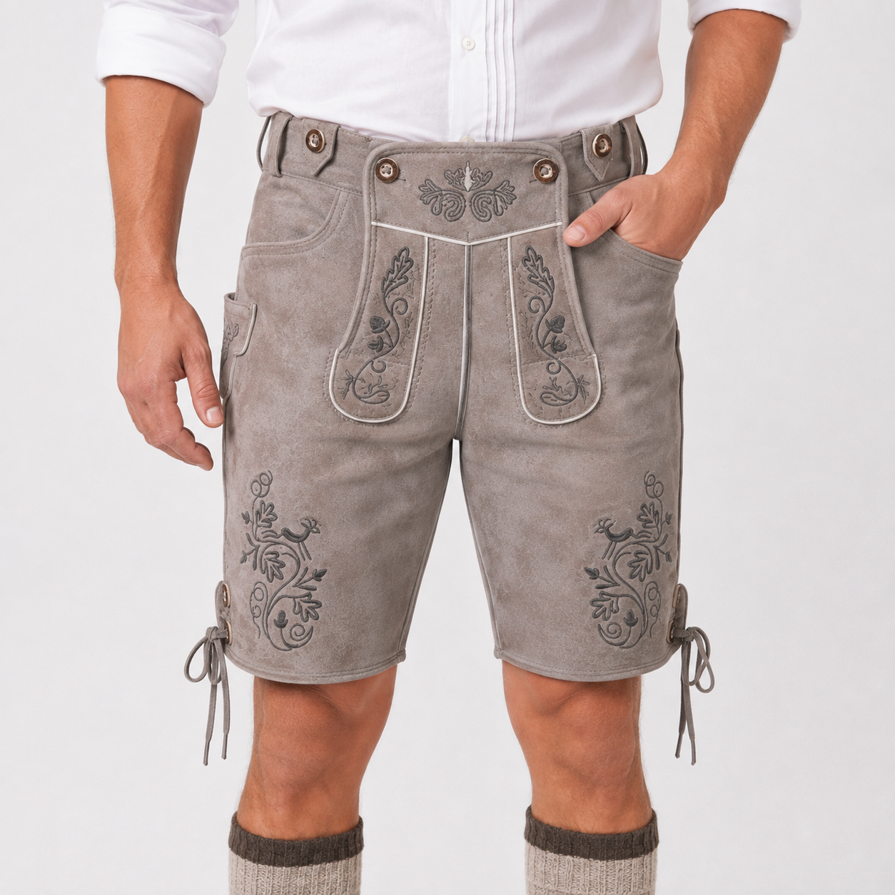 Oak Leaf Embroidered Men's Bavarian Lederhosen - Grey - Side Lacing - image 3