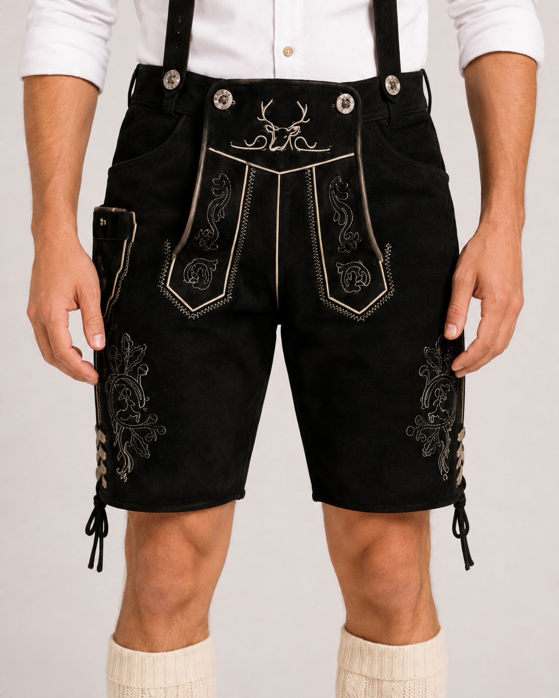 Stag Embroidered Men's Bavarian Lederhosen - Black - Side Lacing - image 3