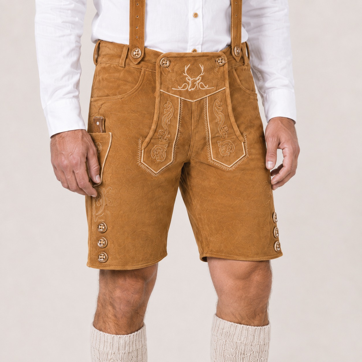 Stag Embroidered Men's Bavarian Lederhosen - Tan/Beige - Side Buttons - image 3