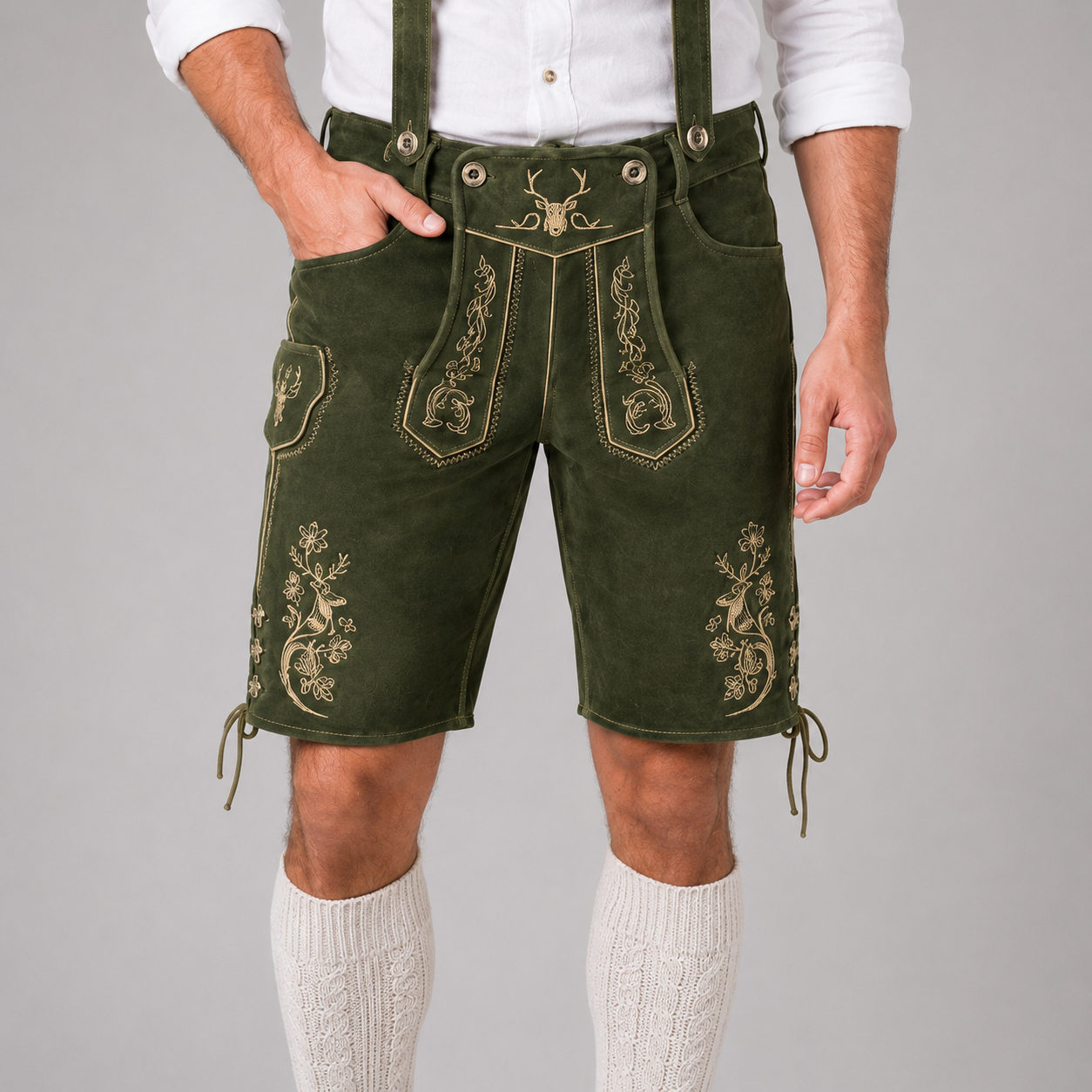 Stag Embroidered Men's Bavarian Lederhosen - Green - Side Lacing - image 3