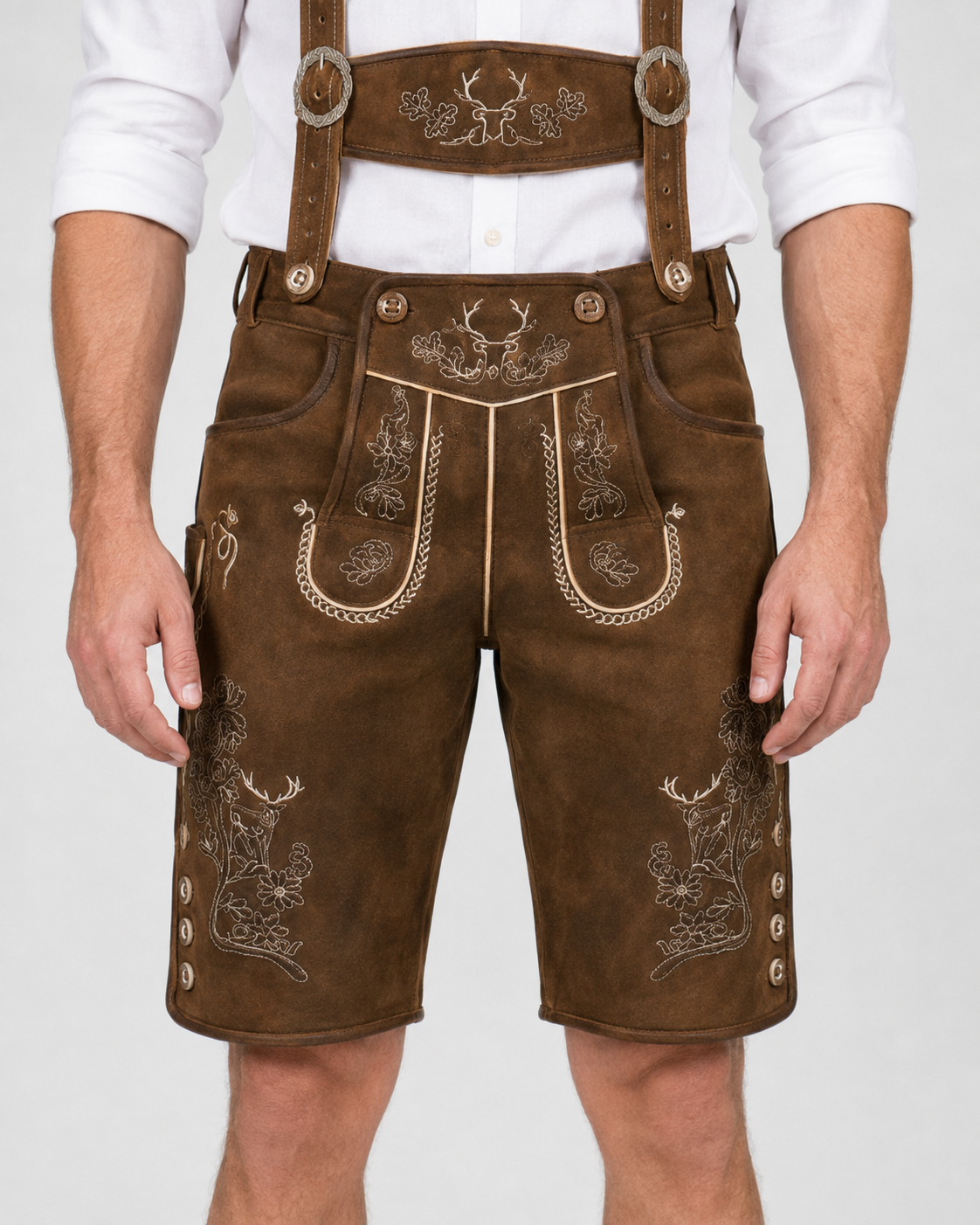 Oak Leaf Embroidered Men's Bavarian Lederhosen - Rustic Brown - Side Buttons - image 3