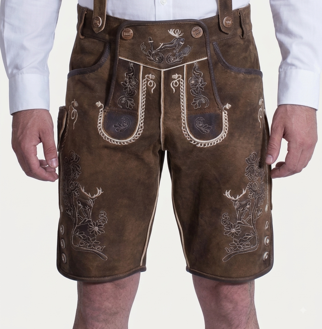 Stag Embroidered Men's Bavarian Lederhosen - Rustic Brown - Side Buttons - image 3
