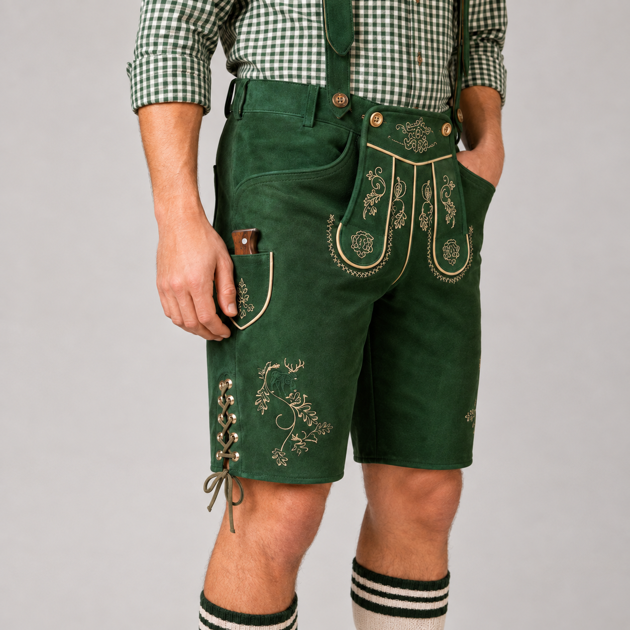 Edelweiss Embroidered Men's Bavarian Lederhosen - Green - Side Lacing