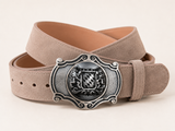Men's Light Taupe Suede Bavarian Lederhosen Belt - Antique Silver Bavarian Lion Shield Buckle - product image 3