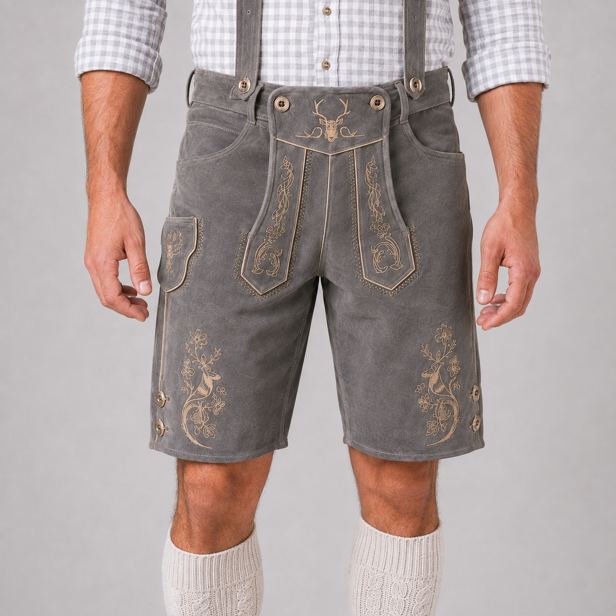 Stag Embroidered Men's Bavarian Lederhosen - Grey - Side Lacing - product image 3