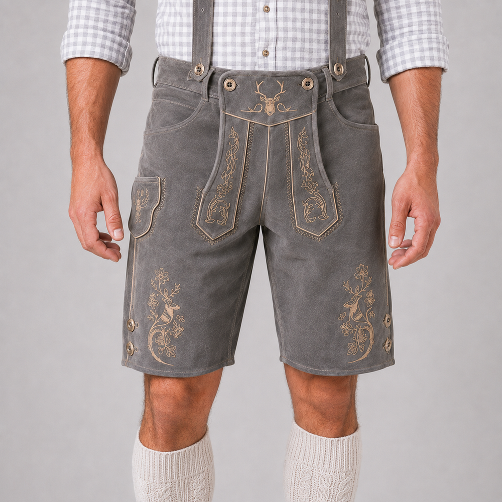 Stag Embroidered Men's Bavarian Lederhosen - Grey - Side Lacing - product image 3