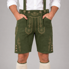 Oak Leaf Embroidered Men's Bavarian Lederhosen - Green - Side Buttons - image 3