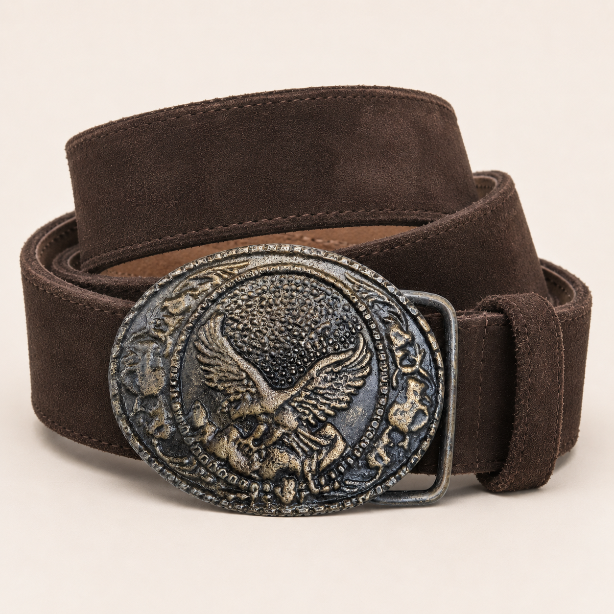 Men's Dark Brown Suede Bavarian Lederhosen Belt - Alpine Eagle Relief Buckle - product image 3