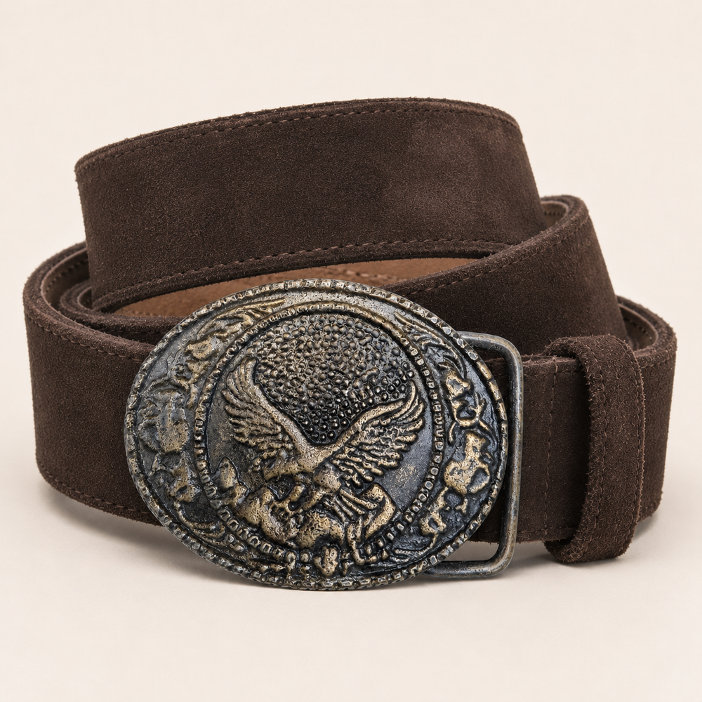 Men's Dark Brown Suede Bavarian Lederhosen Belt - Alpine Eagle Relief Buckle - product image 3
