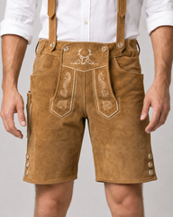 Oak Leaf Embroidered Men's Bavarian Lederhosen - Tan/Beige - Side Buttons - image 3