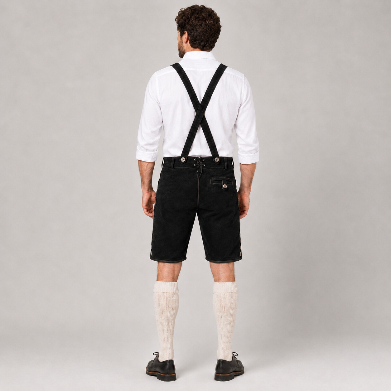 Edelweiss Embroidered Men's Bavarian Lederhosen - Black - Side Buttons
