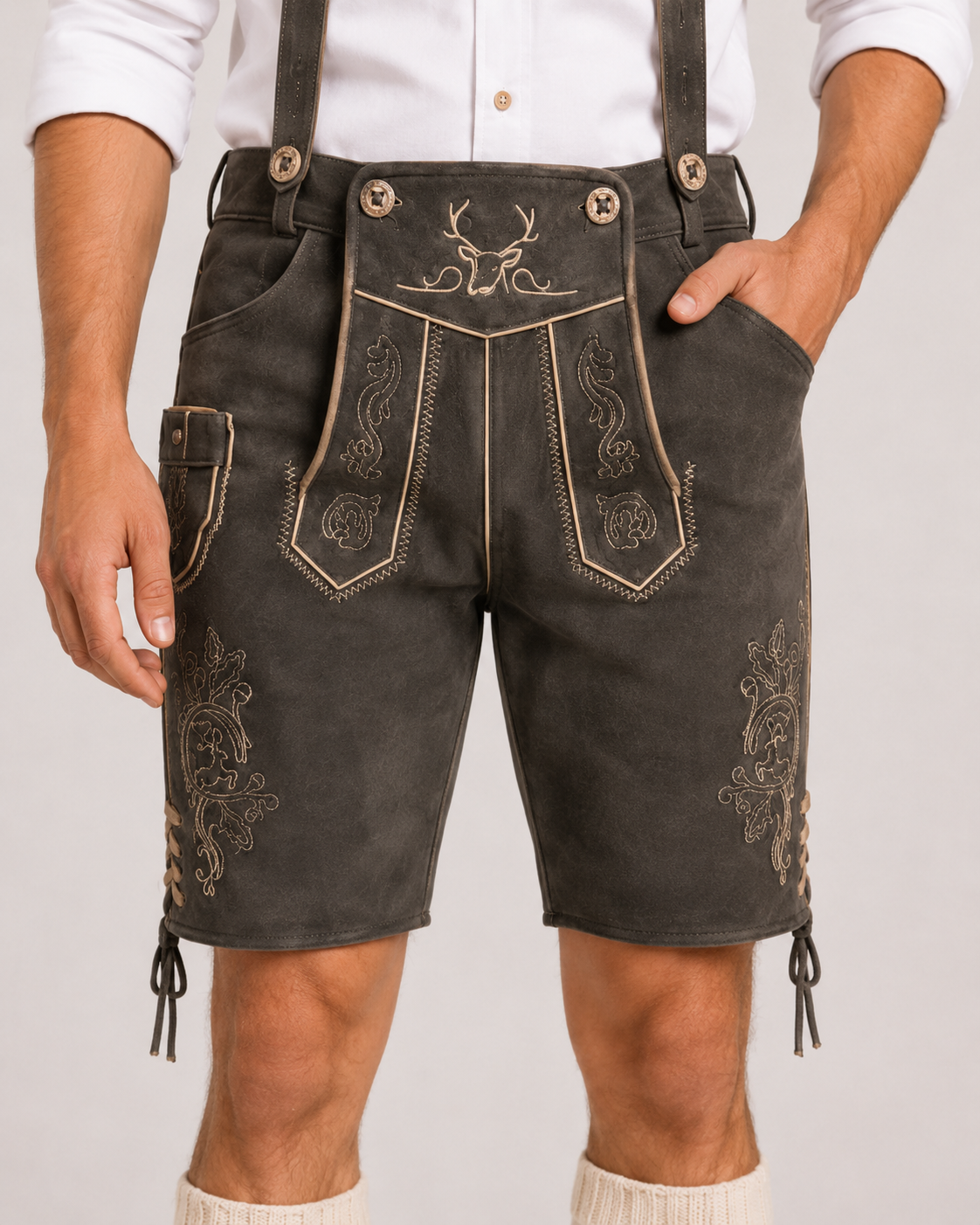 Stag Embroidered Men's Bavarian Lederhosen - Grey - Side Lacing - image 3