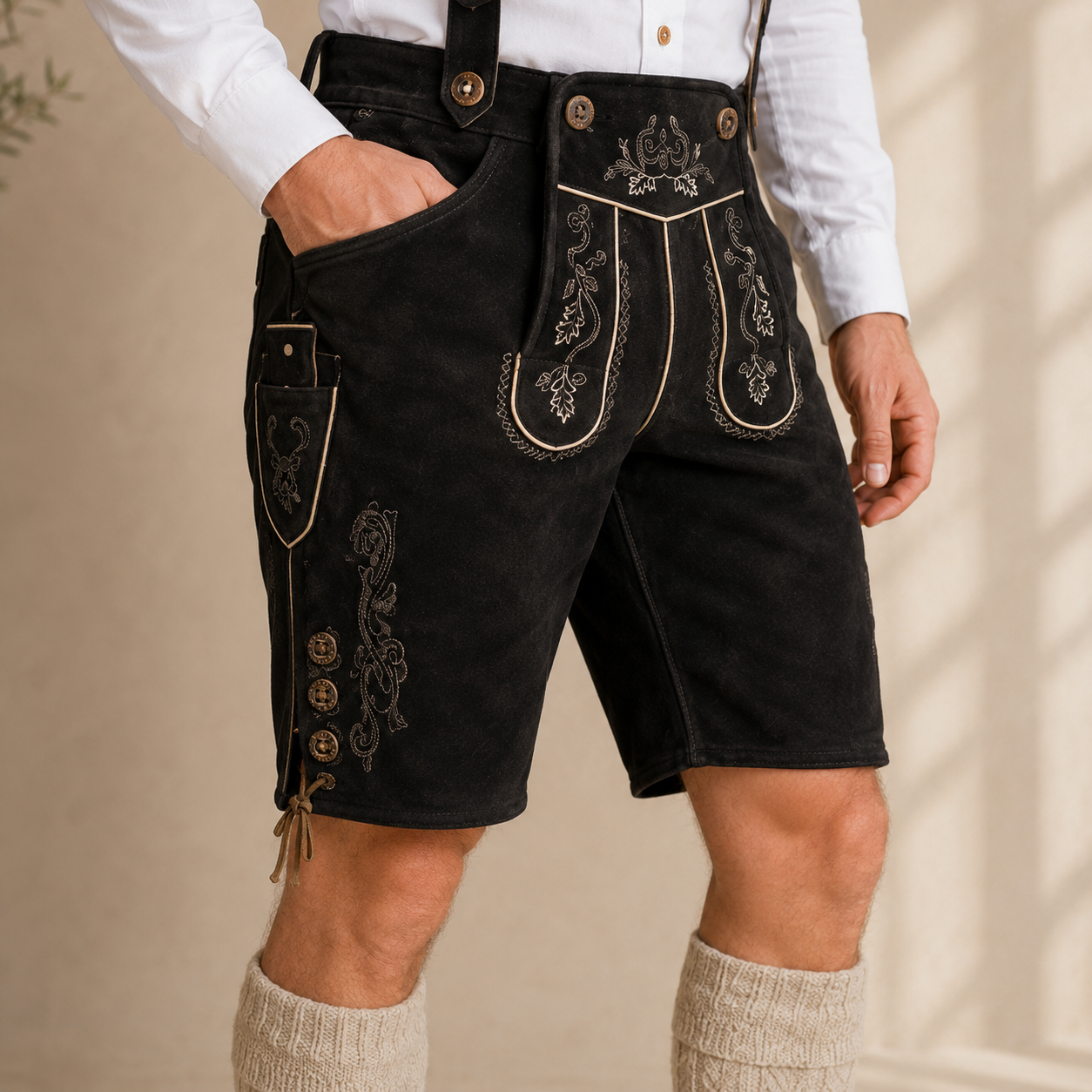Stag Embroidered Men's Bavarian Lederhosen - Black - Side Buttons - image 3