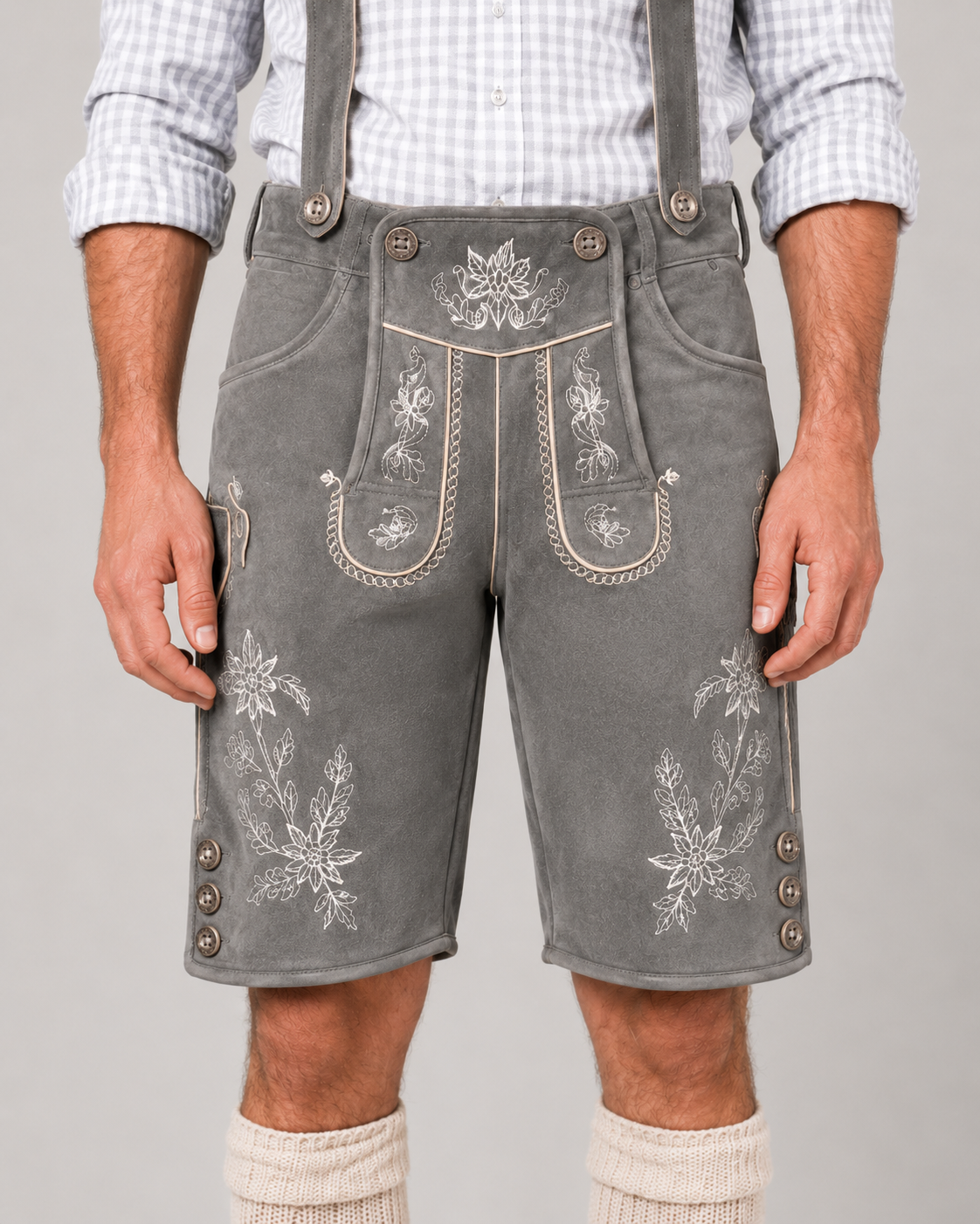 Edelweiss Embroidered Men's Bavarian Lederhosen - Grey - Side Buttons - product image 3