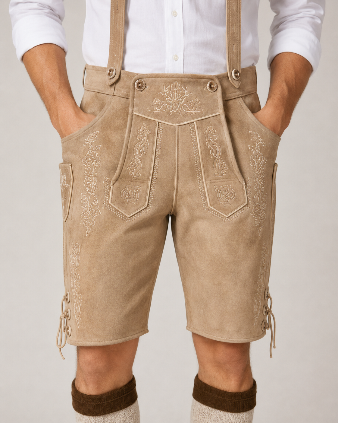 Oak Leaf Embroidered Men's Bavarian Lederhosen - Tan/Beige - Side Lacing - image 3