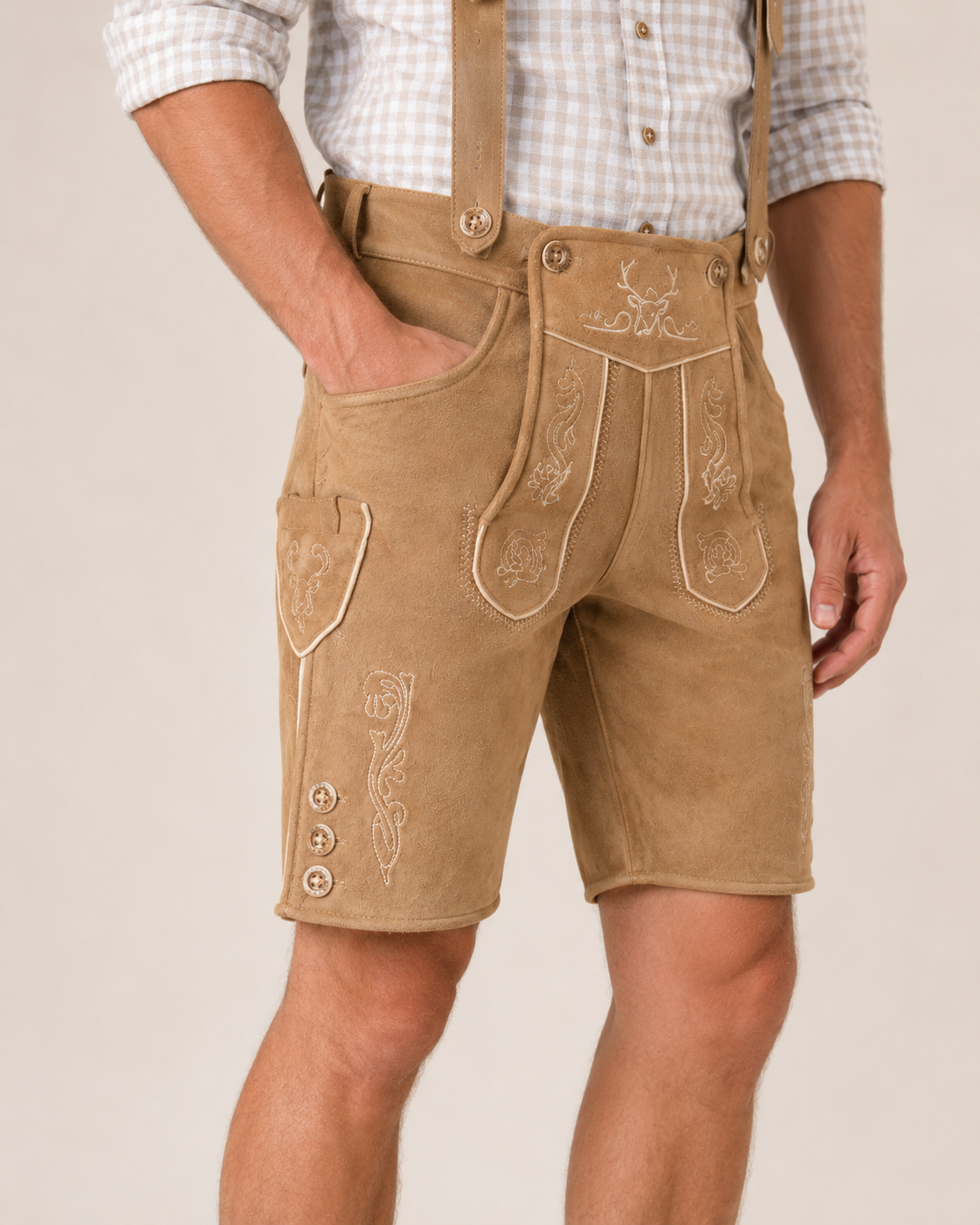 Edelweiss Embroidered Men's Bavarian Lederhosen - Tan/Beige - Side Buttons - image 3