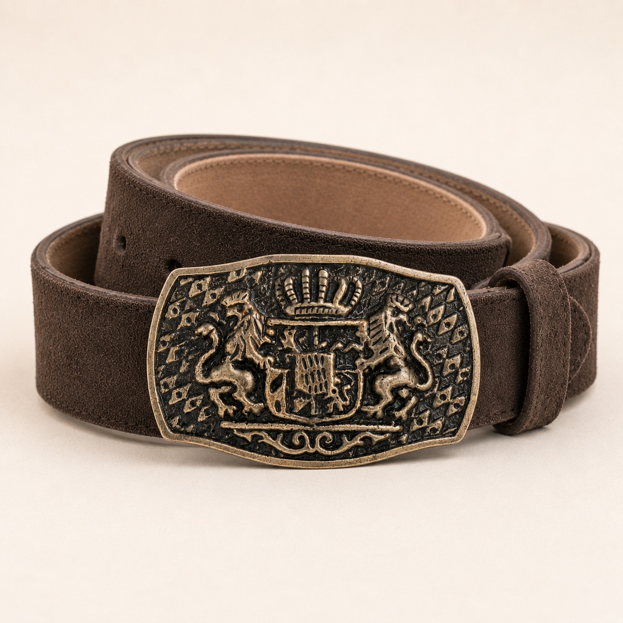 Men's Dark Brown Suede Bavarian Lederhosen Belt - Crowned Bavarian Lion Crest Shield Buckle - product image 3