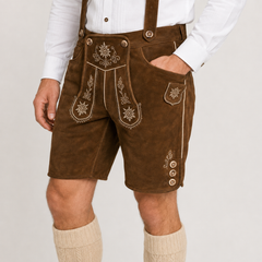 Edelweiss Embroidered Men's Bavarian Lederhosen - Rustic Brown - Side Buttons - image 3