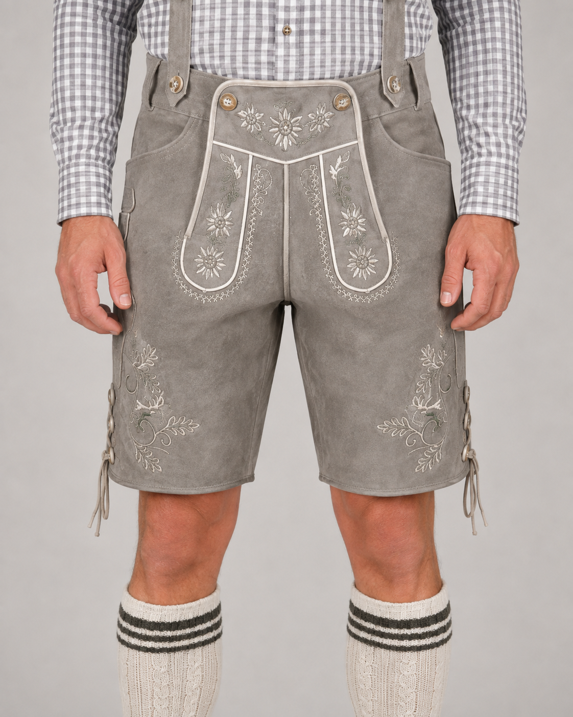 Edelweiss Embroidered Men's Bavarian Lederhosen - Grey - Side Lacing - image 3