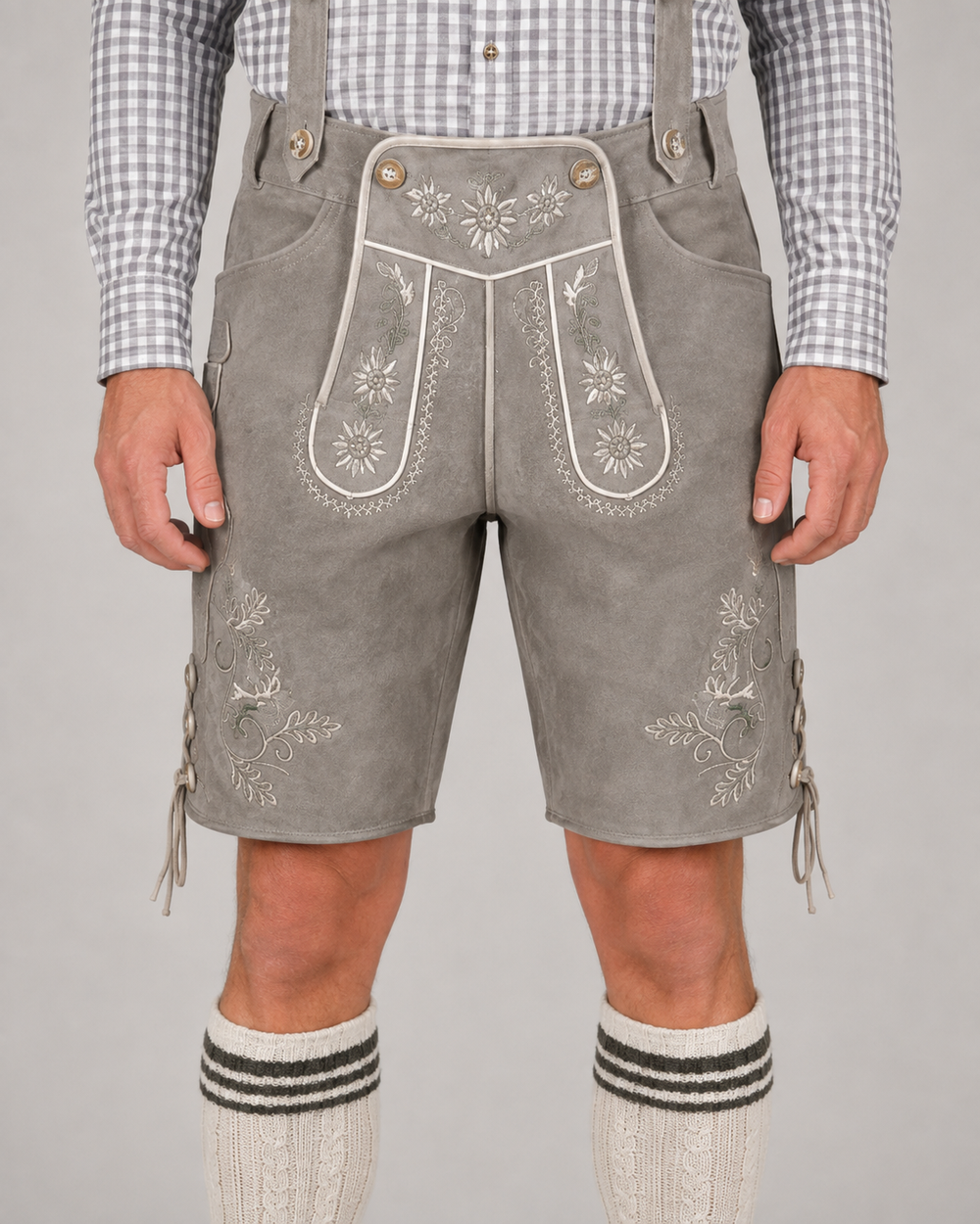 Edelweiss Embroidered Men's Bavarian Lederhosen - Grey - Side Lacing - image 3