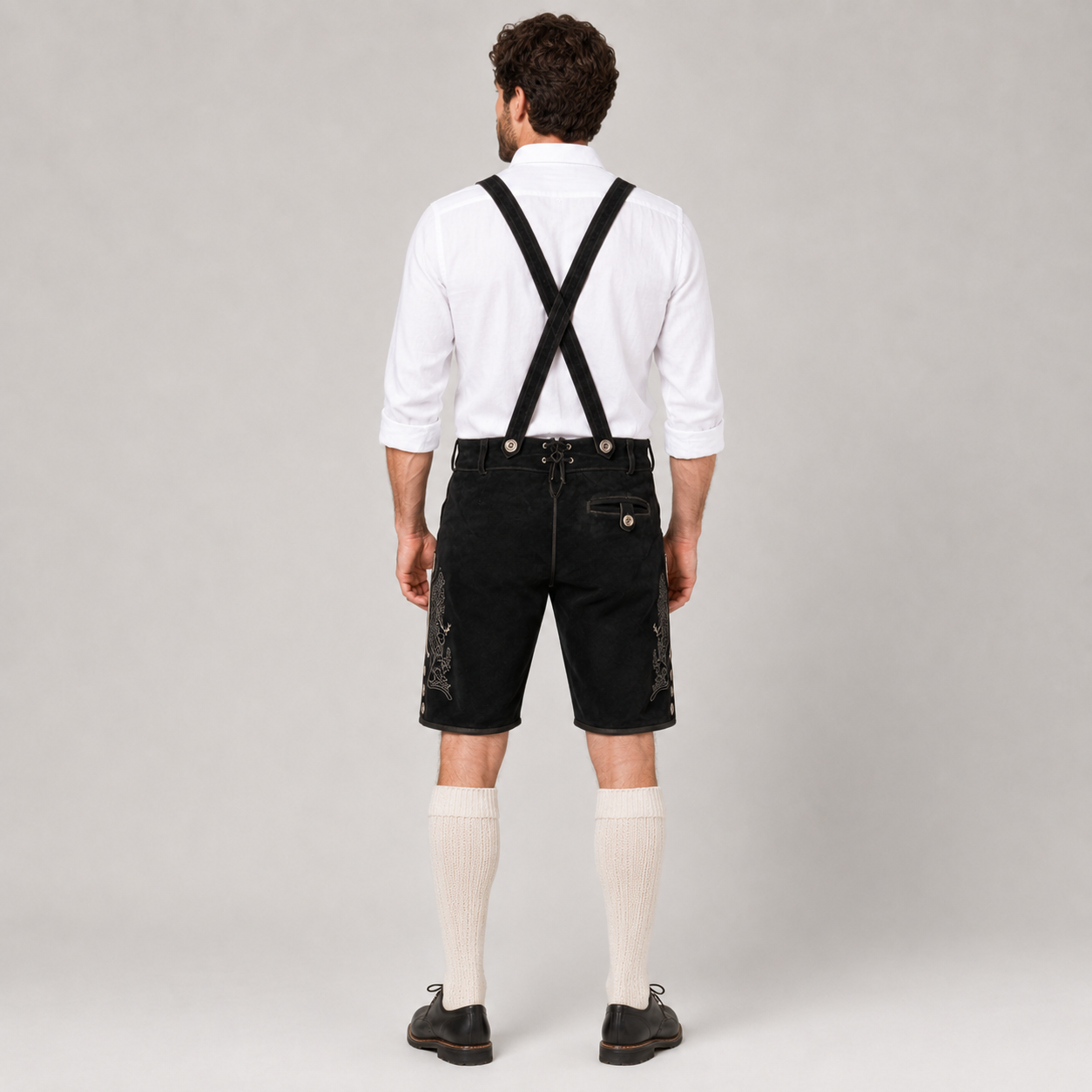 Edelweiss Embroidered Men's Bavarian Lederhosen - Black - Side Buttons - image 3