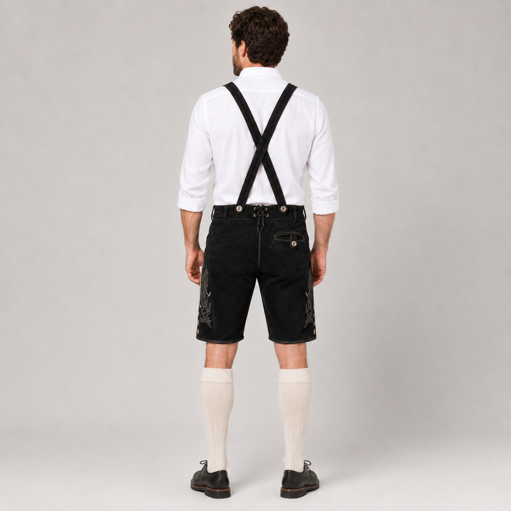 Edelweiss Embroidered Men's Bavarian Lederhosen - Black - Side Buttons - image 3
