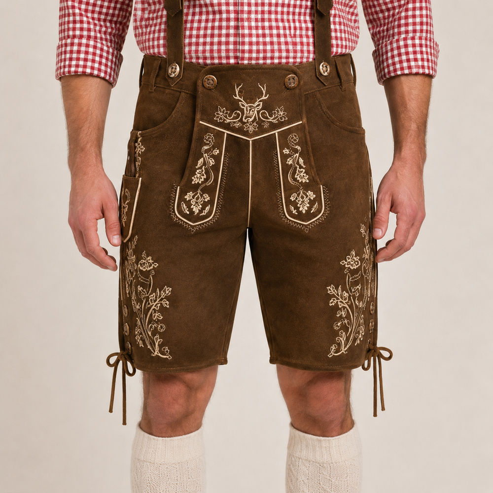 Stag Embroidered Men's Bavarian Lederhosen - Rustic Brown - Side Lacing - image 3