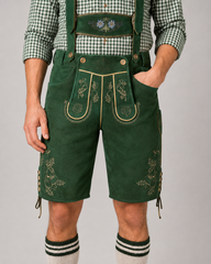 Edelweiss Embroidered Men's Bavarian Lederhosen - Green - Side Lacing - image 3