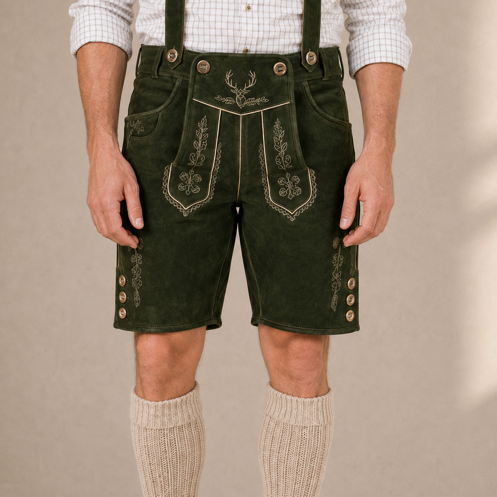 Stag Embroidered Men's Bavarian Lederhosen - Green - Side Buttons - image 3