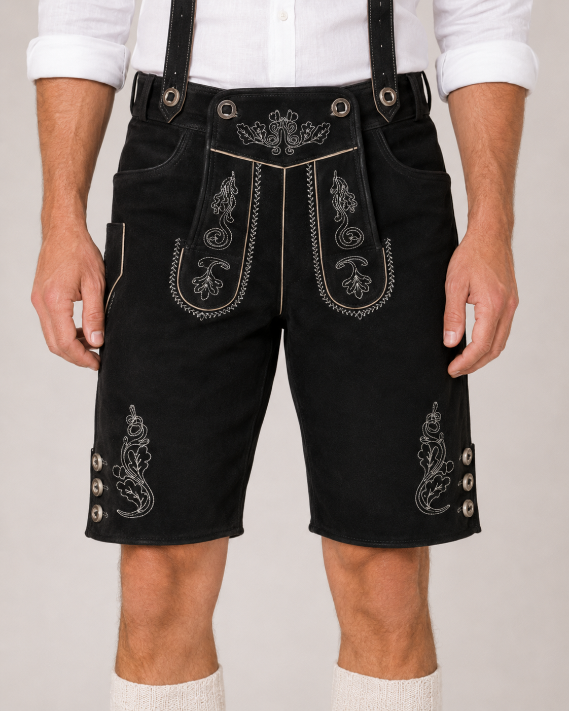 Oak Leaf Embroidered Men's Bavarian Lederhosen - Black - Side Buttons - image 3
