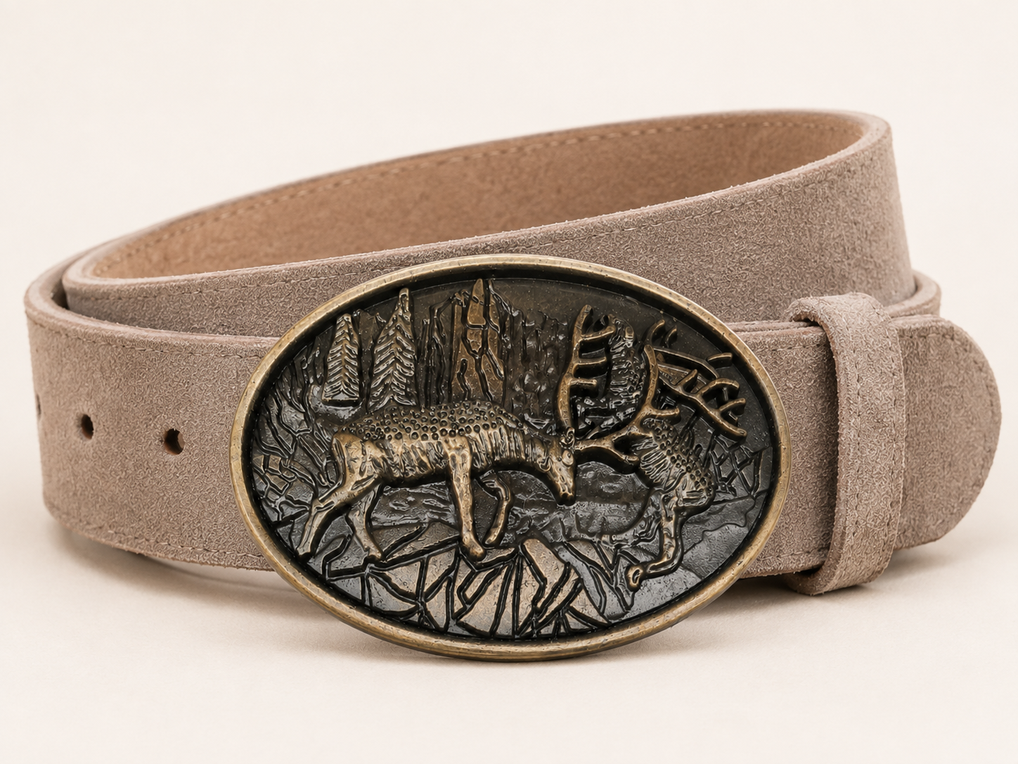 Men's Light Taupe Suede Bavarian Lederhosen Belt - Stag & Hound Hunting Scene Buckle - product image 3