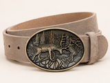 Men's Light Taupe Suede Bavarian Lederhosen Belt - Stag & Hound Hunting Scene Buckle - product image 3