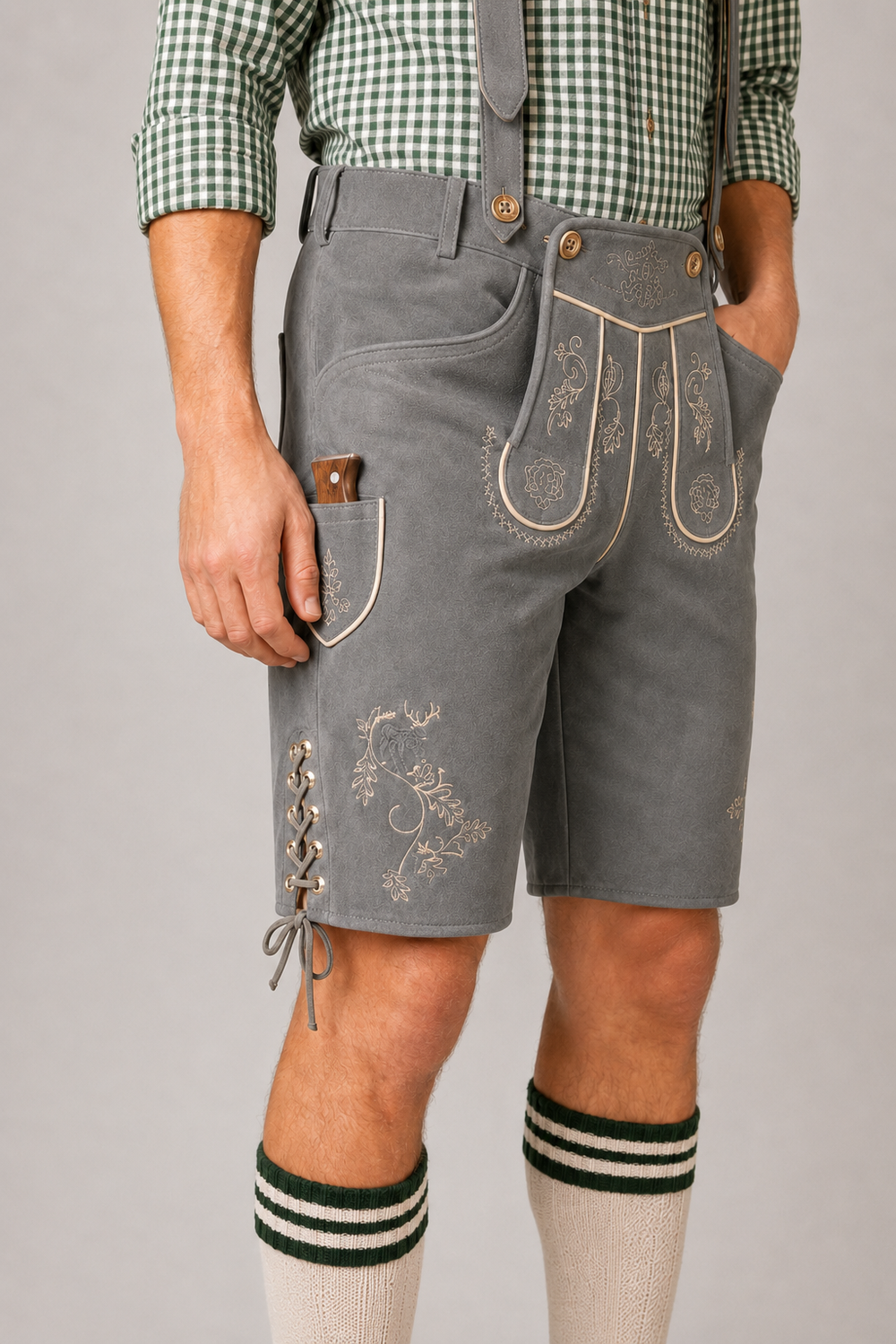 Edelweiss Embroidered Men's Bavarian Lederhosen - Grey - Side Lacing - product image 3