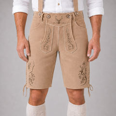 Stag Embroidered Men's Bavarian Lederhosen - Tan/Beige - Side Lacing - image 3