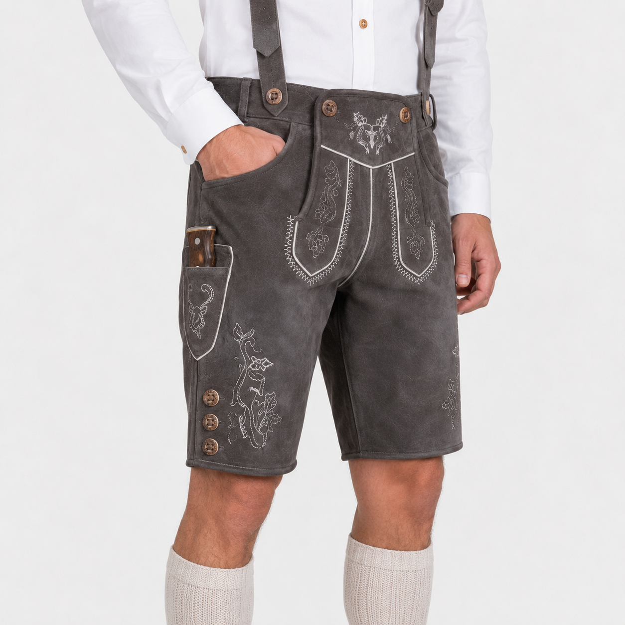 Stag Embroidered Men's Bavarian Lederhosen - Grey - Side Buttons - image 3