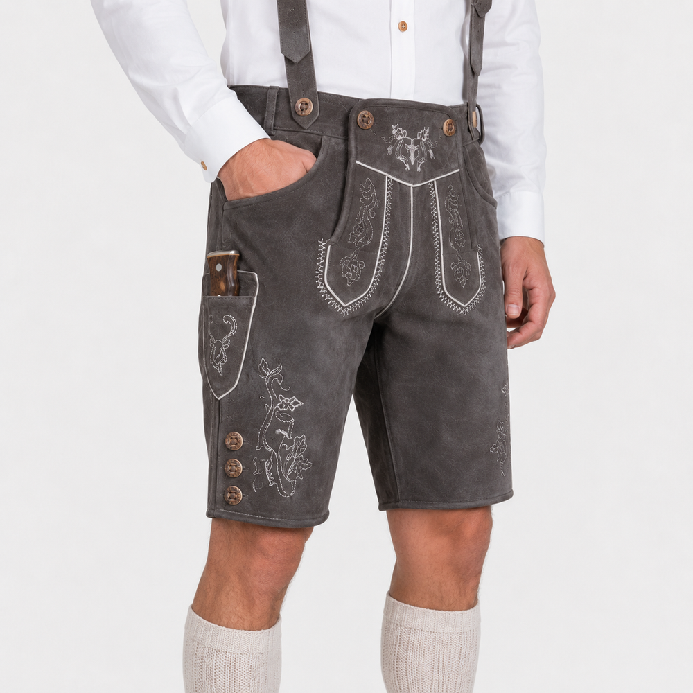 Stag Embroidered Men's Bavarian Lederhosen - Grey - Side Buttons - image 3