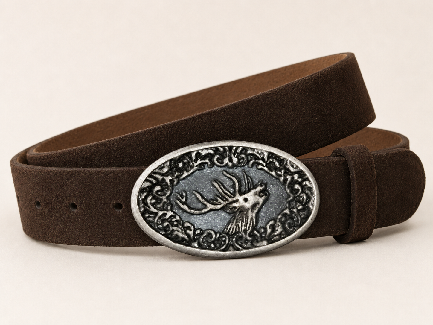 Men's Dark Brown Suede Bavarian Lederhosen Belt - Alpine Stag Crest Buckle - product image 3