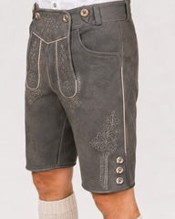 Oak Leaf Embroidered Men's Bavarian Lederhosen - Grey - Side Buttons - image 3