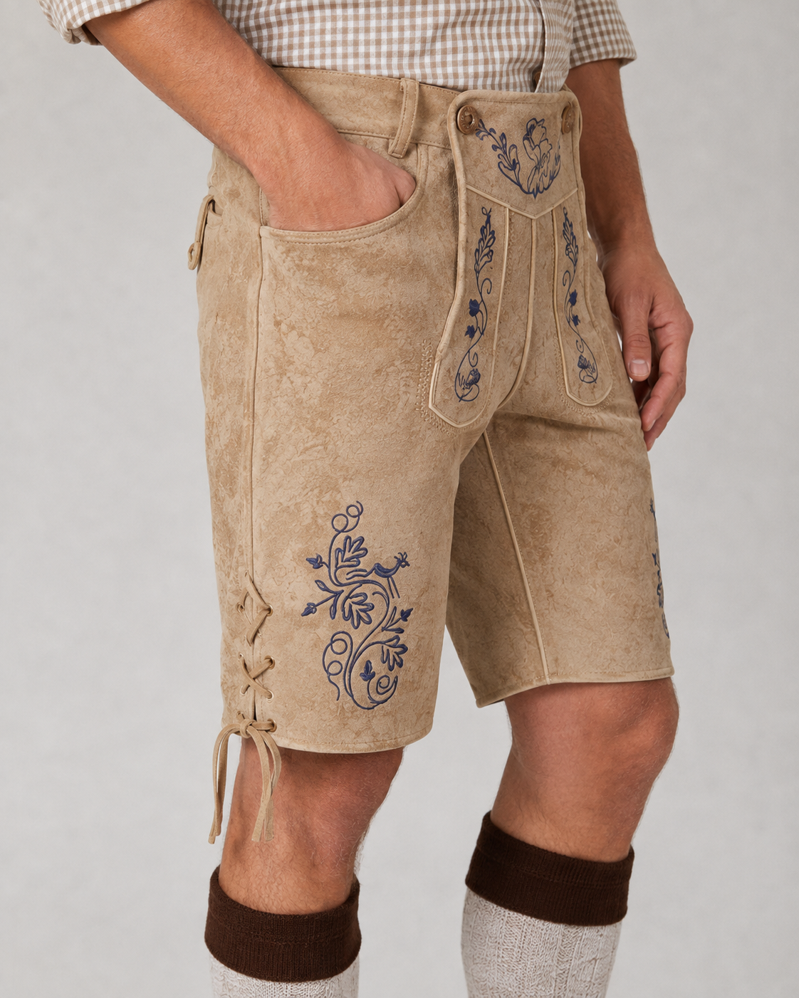 Edelweiss Embroidered Men's Bavarian Lederhosen - Tan/Beige - Side Lacing - image 3