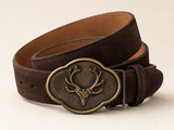 Men's Dark Brown Suede Bavarian Lederhosen Belt - Stag Antler Emblem Buckle - product image 3