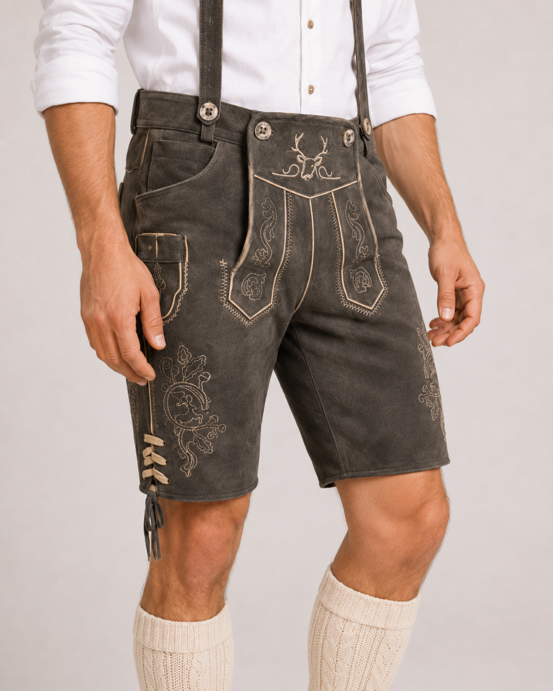 Stag Embroidered Men's Bavarian Lederhosen - Grey - Side Lacing - image 4