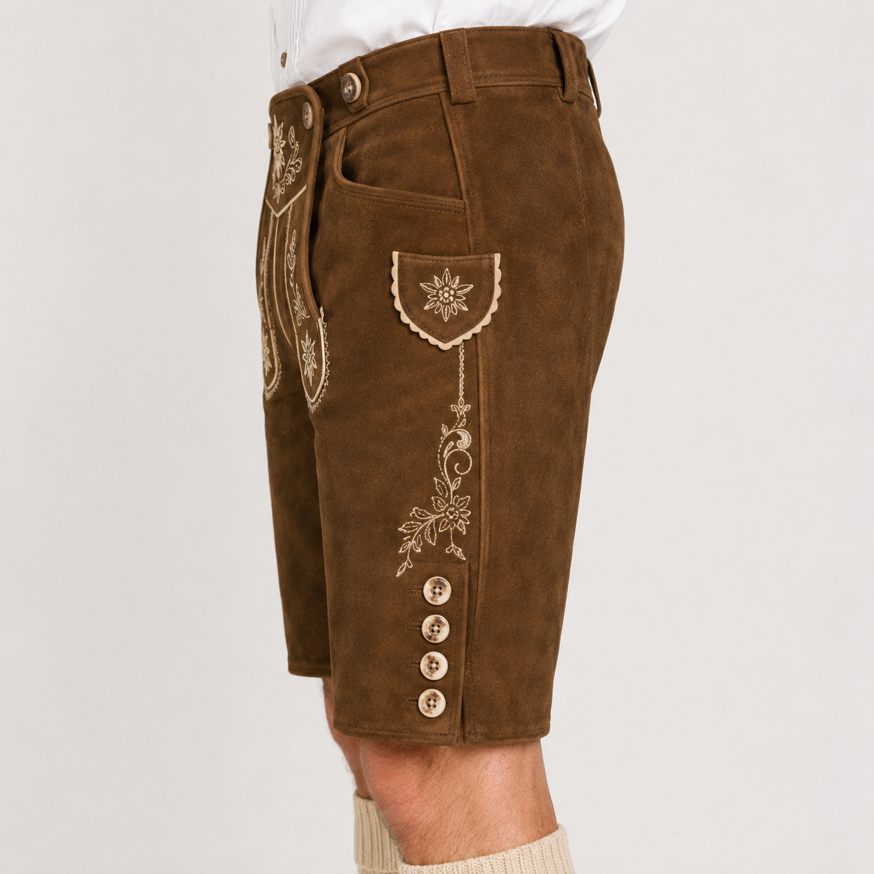 Edelweiss Embroidered Men's Bavarian Lederhosen - Rustic Brown - Side Buttons - image 4