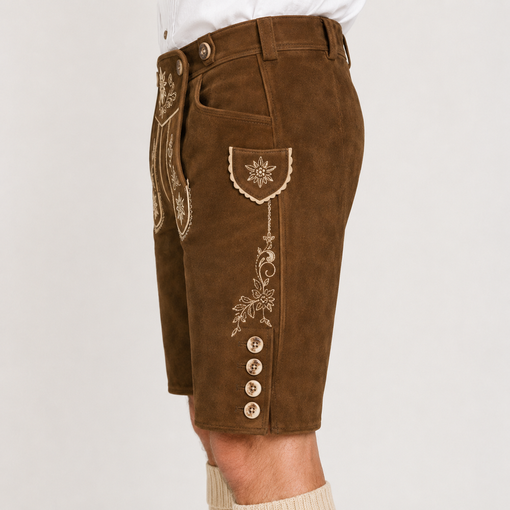 Edelweiss Embroidered Men's Bavarian Lederhosen - Rustic Brown - Side Buttons - image 4