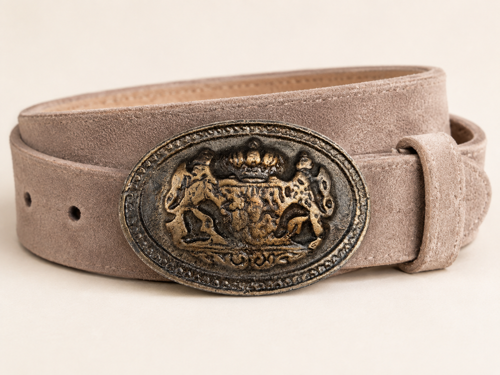 Men's Light Taupe Suede Bavarian Lederhosen Belt - Crowned Bavarian Lion Crest Oval Buckle - product image 1