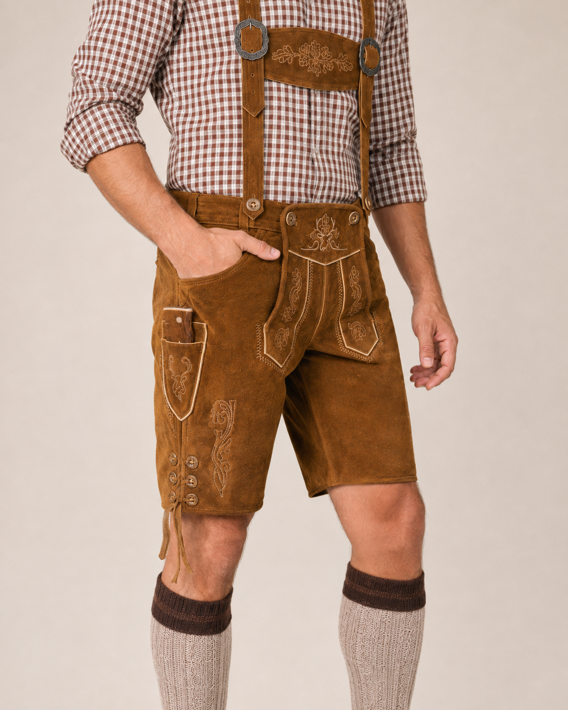 Oak Leaf Embroidered Men's Bavarian Lederhosen - Rustic Brown - Side Lacing - image 4