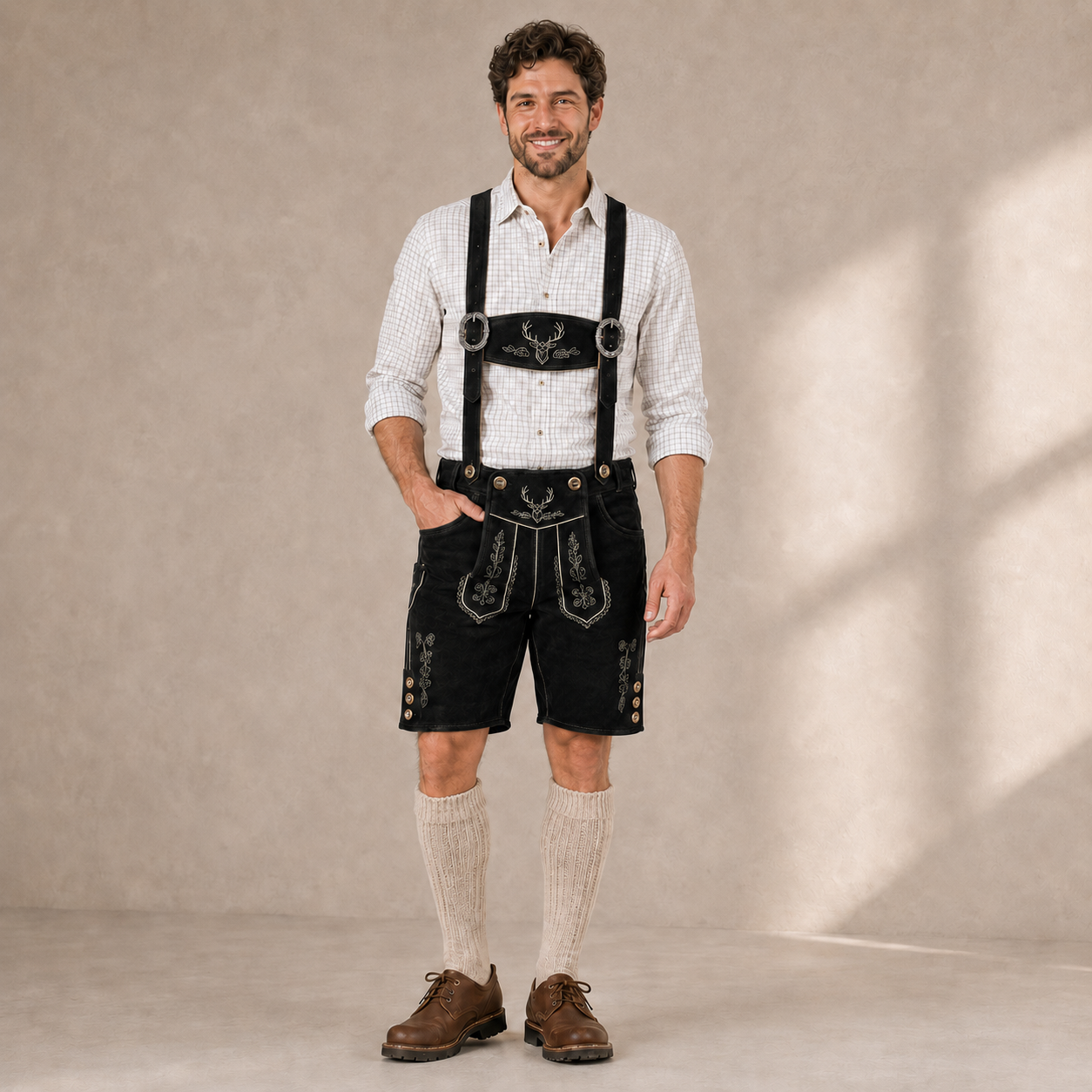 Stag Embroidered Men's Bavarian Lederhosen - Black - Side Buttons - product image 4