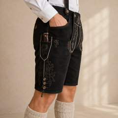 Stag Embroidered Men's Bavarian Lederhosen - Black - Side Buttons - image 4